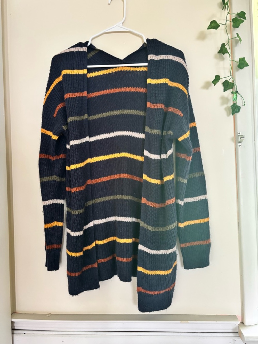 Striped Open-Front Knit Cardigan - Black with Multi-Colored Stripes